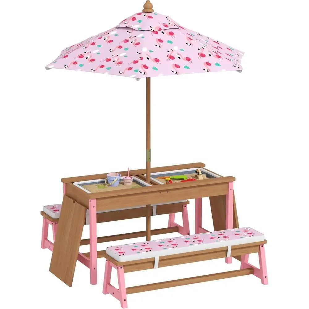 Wooden Picnic Table Set with U - Kids Outdoor Umbrella 评论和价格