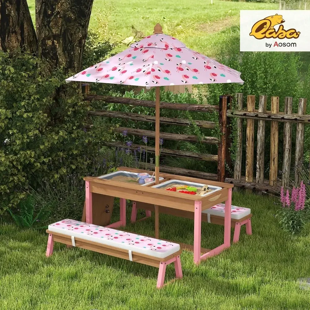 Wooden Picnic Table Set with U - Kids Outdoor Umbrella 评论和价格