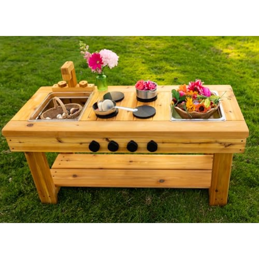 Cedar Outdoor Mud Kitchen Cent - Kids Outdoor Sensory Table 评论和价格