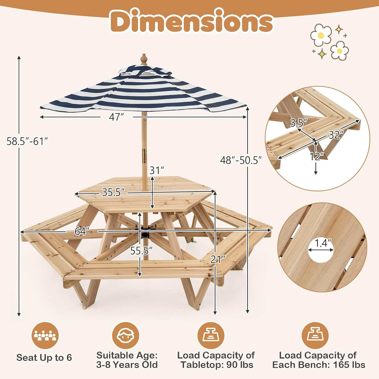 Kids Picnic Table, Hexagonal T - Kids Outdoor Umbrella 评论和价格