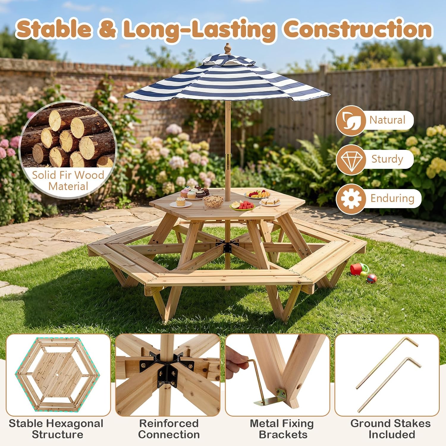 Kids Picnic Table, Hexagonal W - Kids Outdoor Umbrella 评论和价格