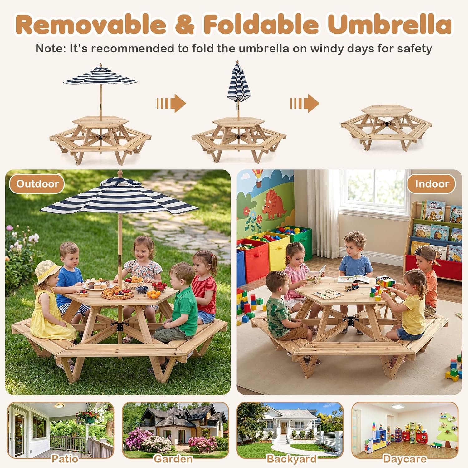 Kids Picnic Table, Hexagonal W - Kids Outdoor Umbrella 评论和价格