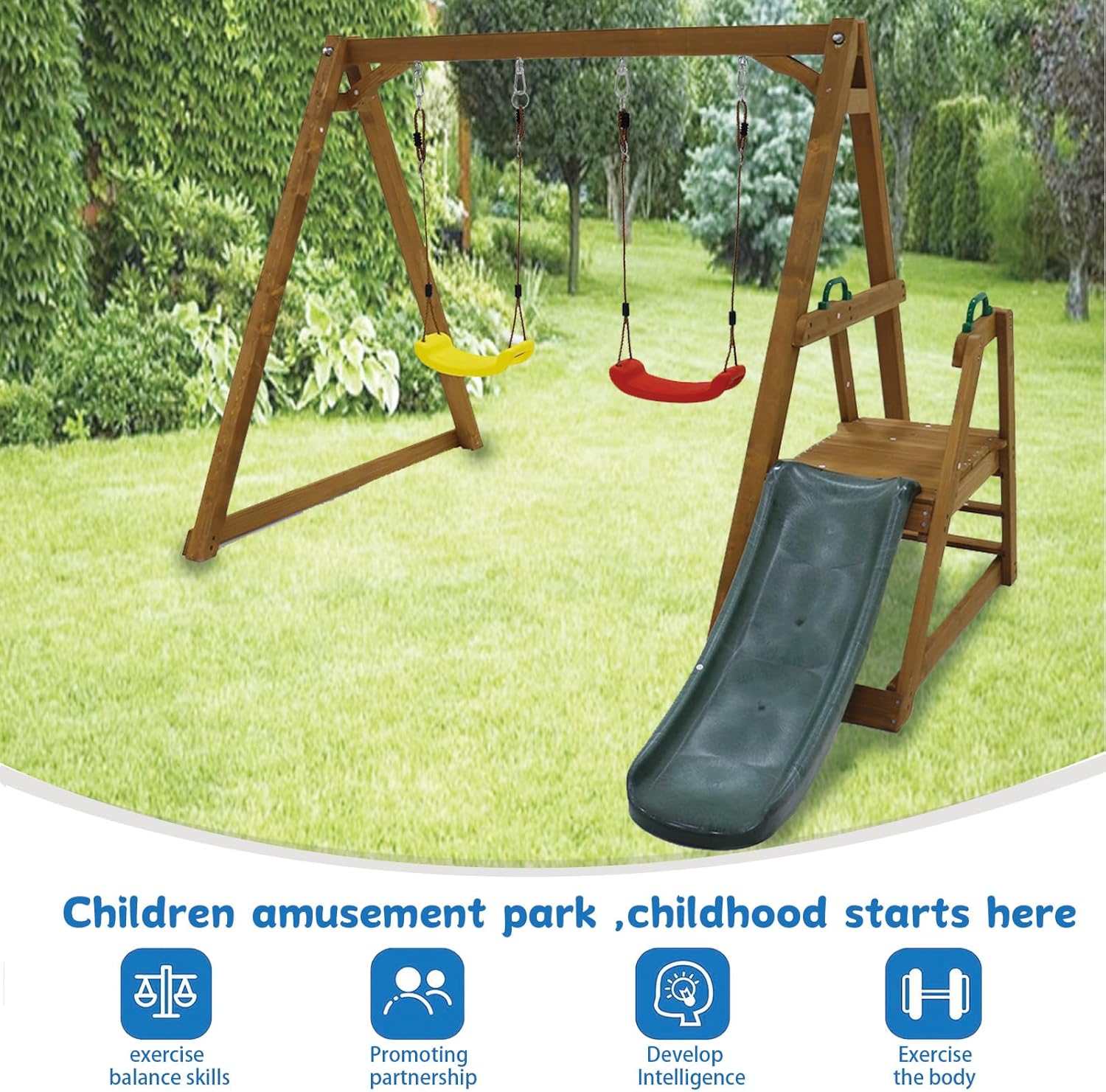 Kids Swing Set Outdoor and Sli - Kids Outdoor Wooden Climbing Frame 评论和价格